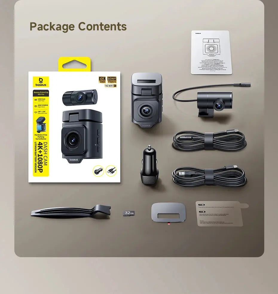 Baseus VD1 Pro dash cam kit with Sony sensor; 4K+1080P, WiFi6 GPS; includes main unit, front cam, mounts, cables, 32GB SD
