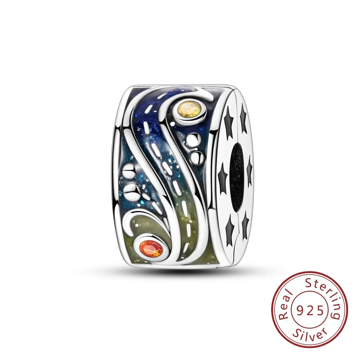 Van Gogh Starry Night charm bead in 925 sterling silver with blue enamel and orange gem accents for bracelets