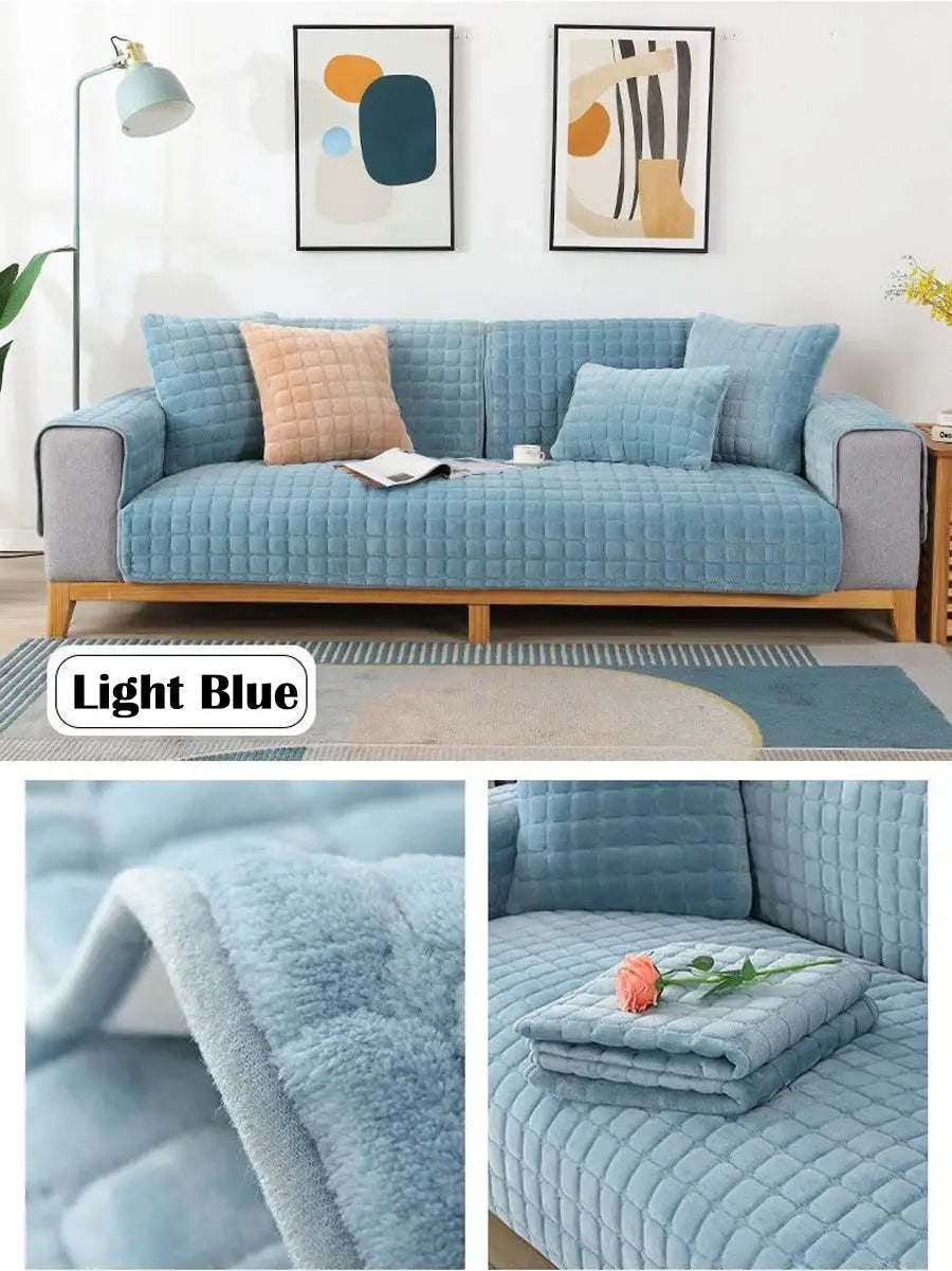 Simples Market light blue velvet sofa cover; quilted plaid, non-slip, universal fit, warm flannel