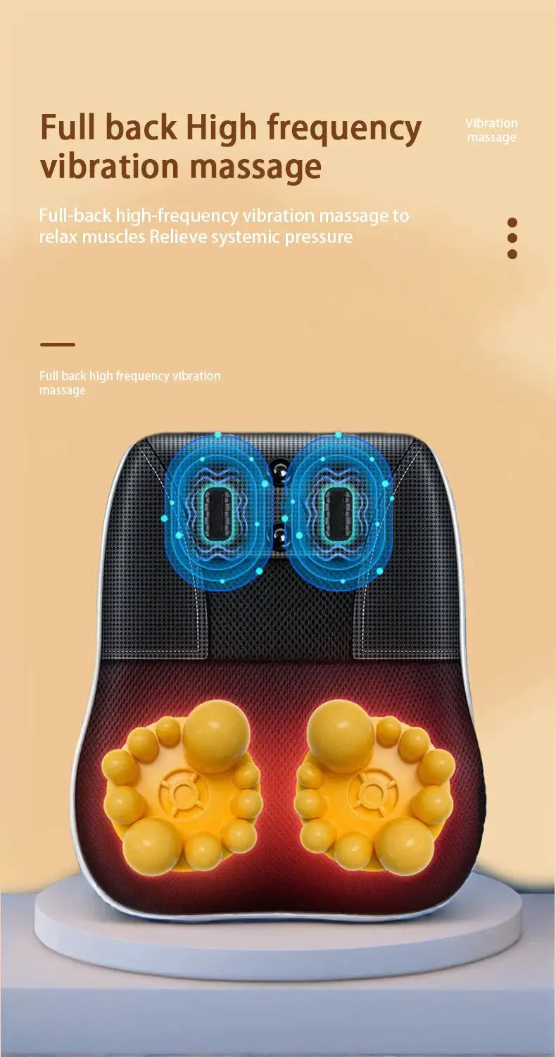 Electric neck massager pillow with blue airbags for shiatsu neck massage and yellow massage nodes, heating and vibrating