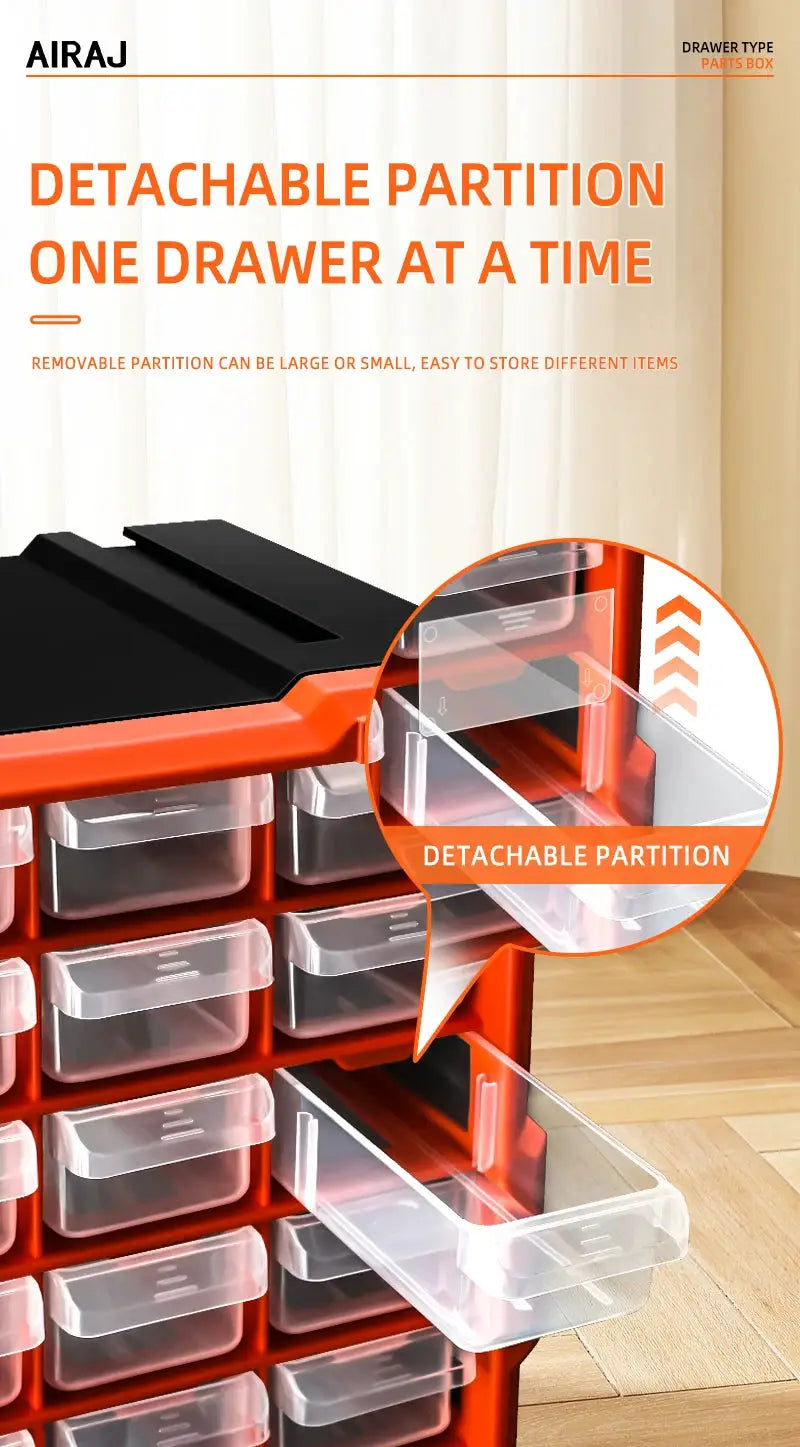 AIRAJ 18/39/60 Drawer Parts Box by Simples Market; transparent plastic storage with orange frame, 15-inch organizer