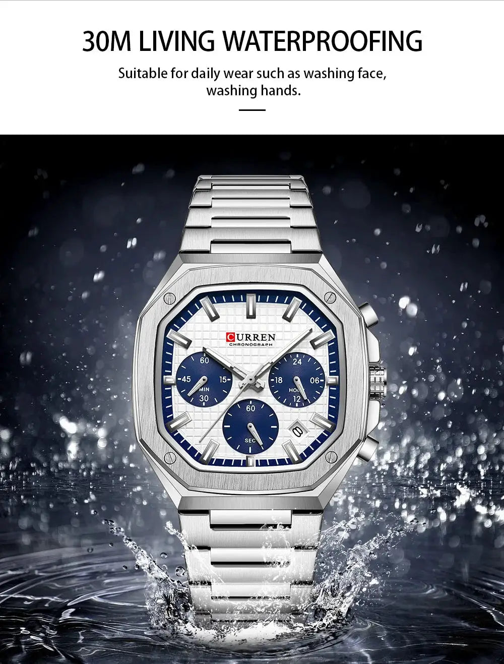 CURREN men's square stainless steel chronograph watch with white dial, blue subdials, date window, and metal bracelet.