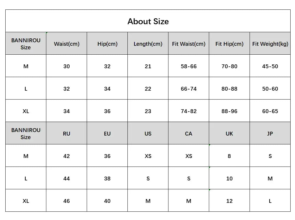 BANNIROU size chart for mid-rise seamless women's boyshort underwear; includes sizes M, L, XL and RU/EU/US/CA/UK/JP conversions.