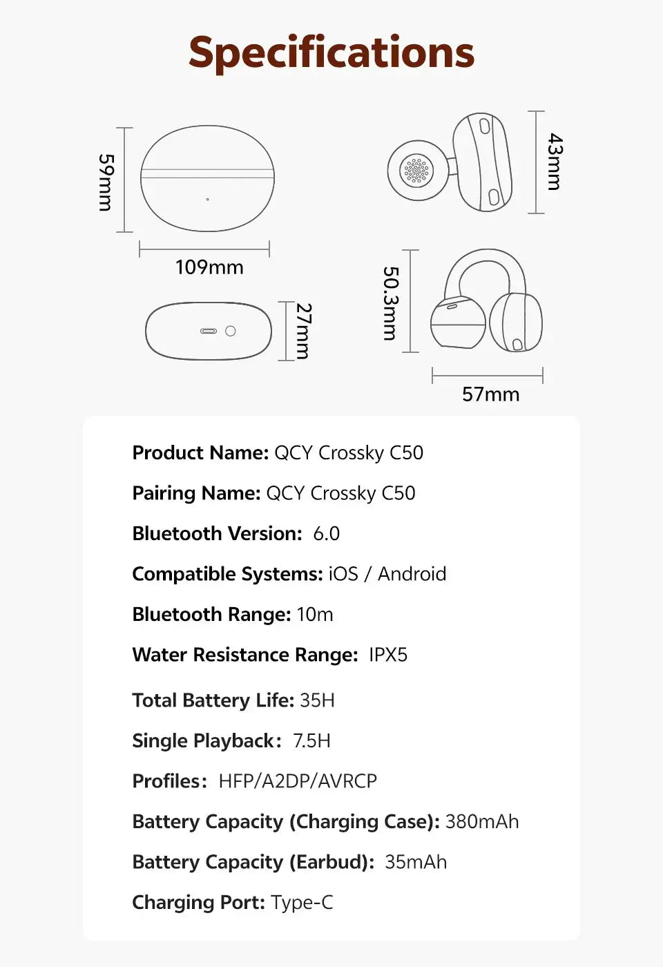 QCY Crossky C50 open-ear wireless earbuds by Simples Market; Bluetooth 6.0, IPX5, 380mAh charging case