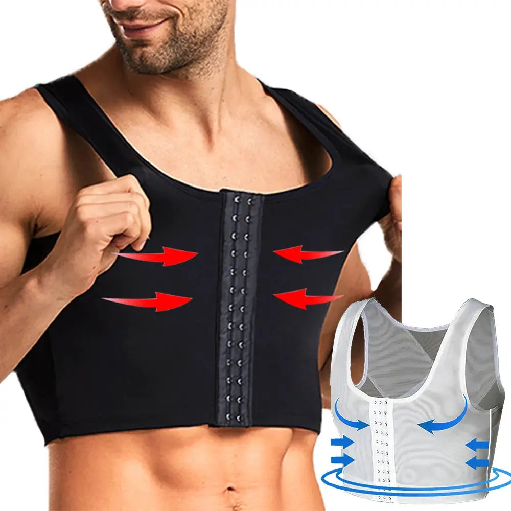 Men's gynecomastia shaper vest with front-hook closure; black and white compression shirts for abdomen slimming, 2 shown