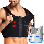 Men's gynecomastia shaper vest with front-hook closure; black and white compression shirts for abdomen slimming, 2 shown