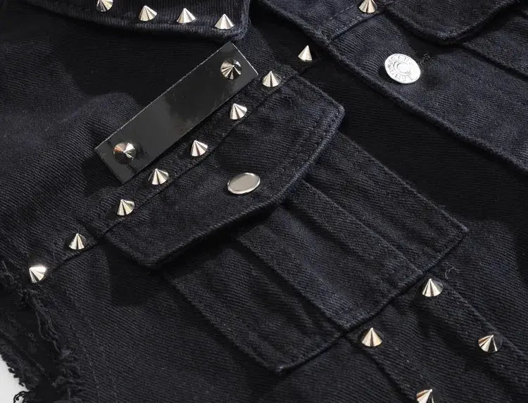 Rivet denim vest for men by Simples Market, black sleeveless studded jean jacket