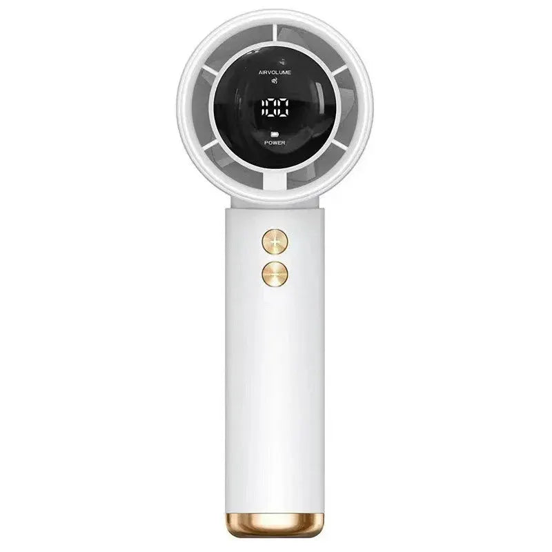 Simples Market mini handheld fan with circular digital display, white body, gold accents, USB charging.