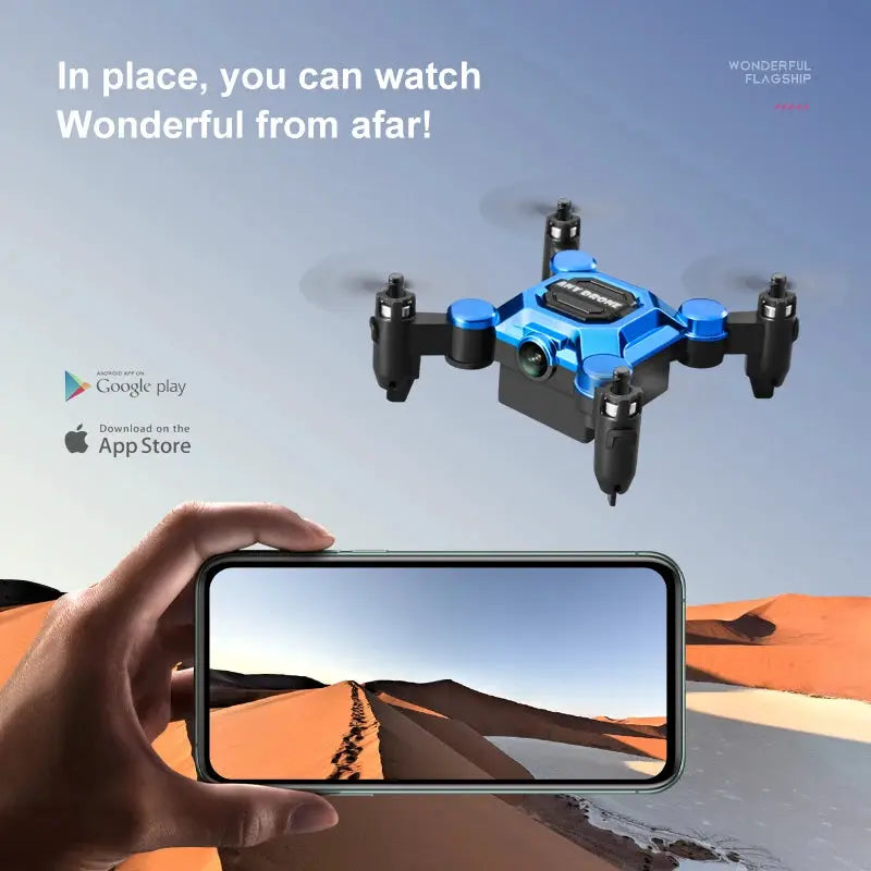 K04 mini folding drone with blue body, quadcopter for aerial photography, shown with smartphone filming desert dunes