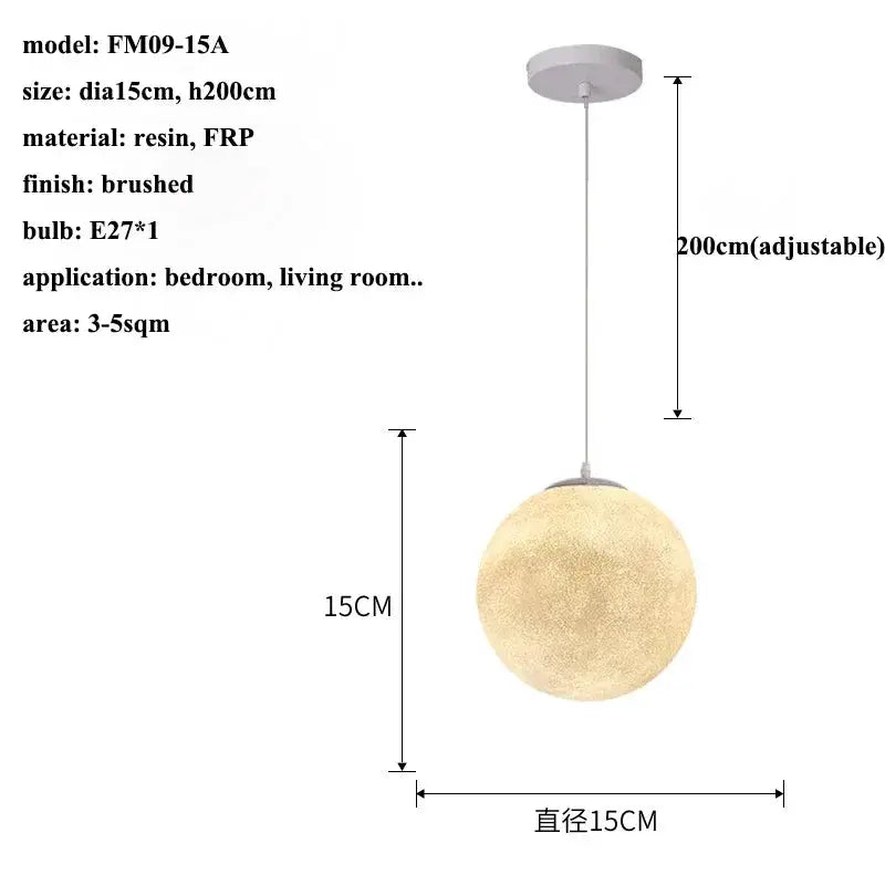 Simples Market Nordic Moon LED pendant light, 15 cm brushed resin sphere with warm glow, adjustable 200 cm cord.