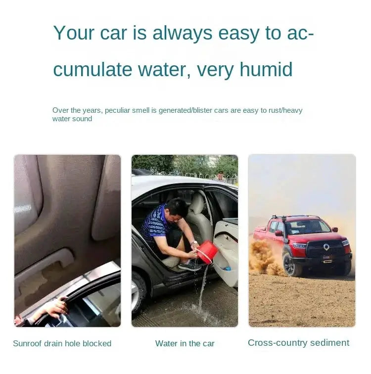 Simples Market car drain dredge brush, 3m/5m universal sunroof drain cleaner; collage of 3 scenes