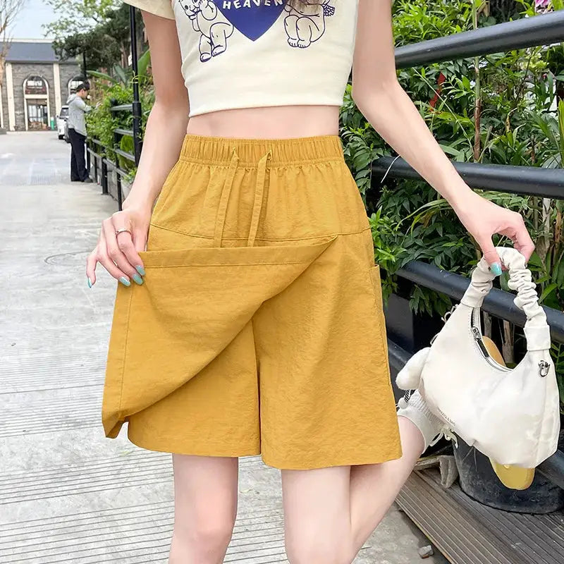 Women's mustard-yellow high-waist wrap shorts-skirt, lightweight with side slit