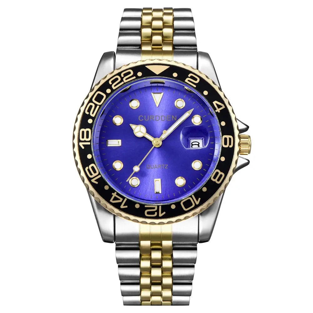 Men Calendar Quartz Watch With Green Dial Stainless Steel Band Full Calendar Function Casual Everyday Timepiece