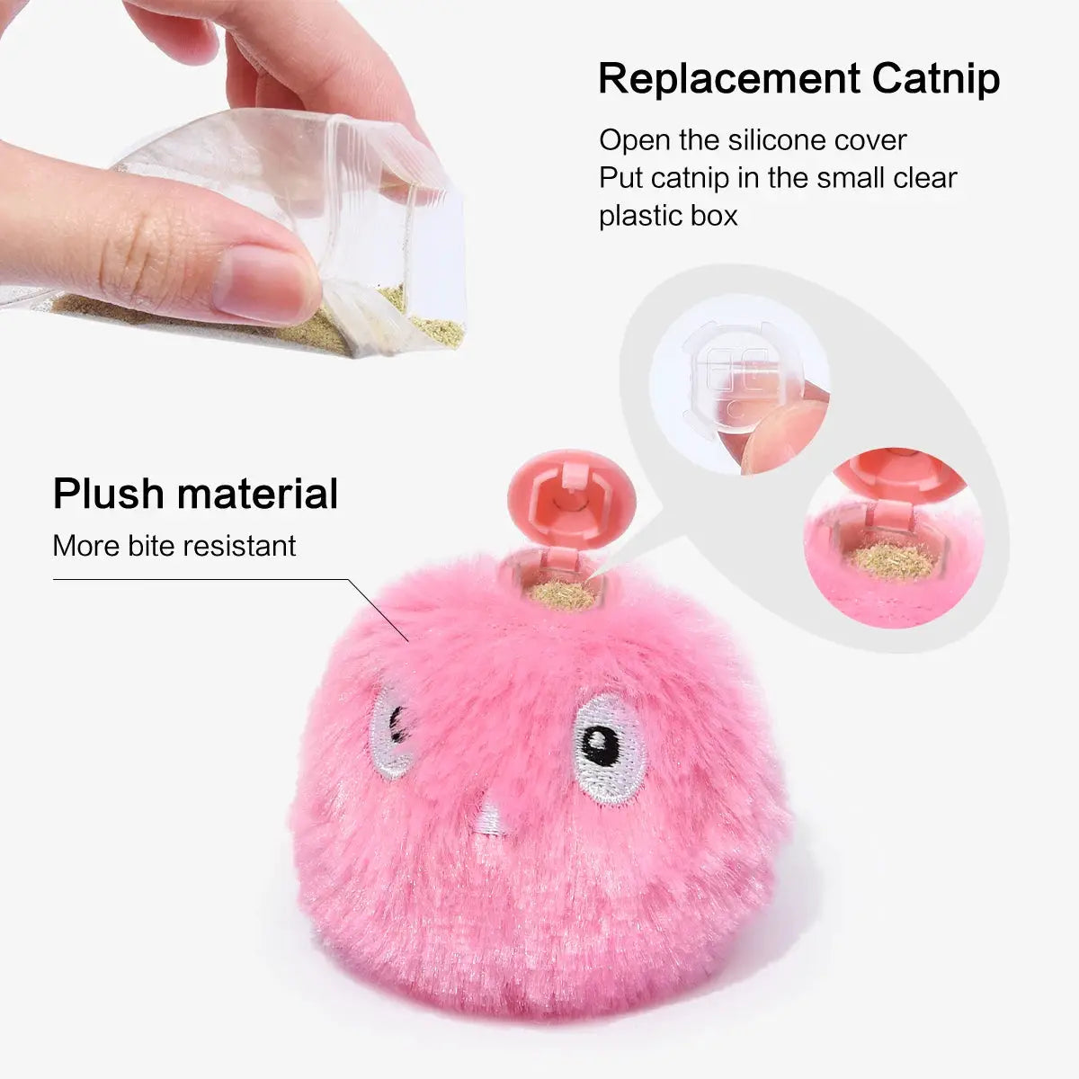 Pink plush interactive cat/dog toy ball with catnip insert and squeak