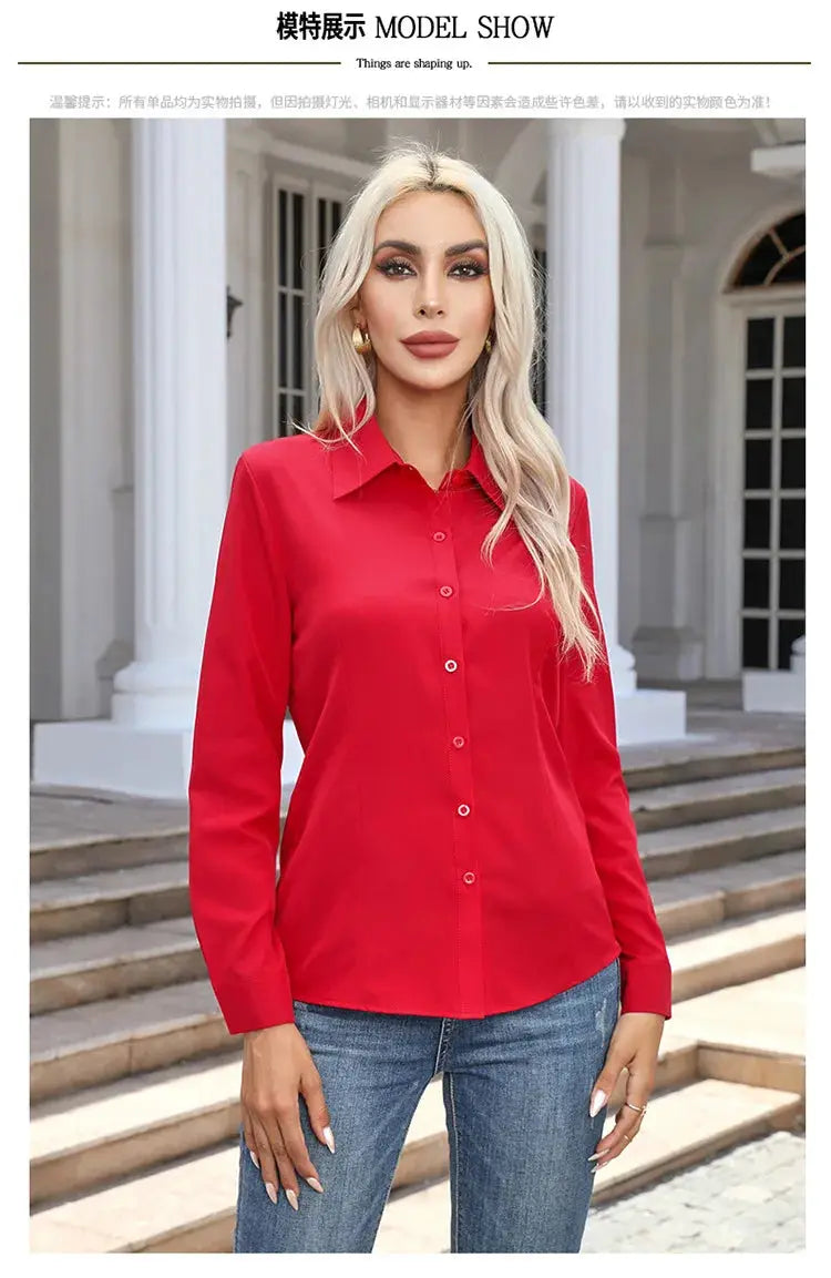 Women's red chiffon button-down blouse with long sleeves by Simples Market