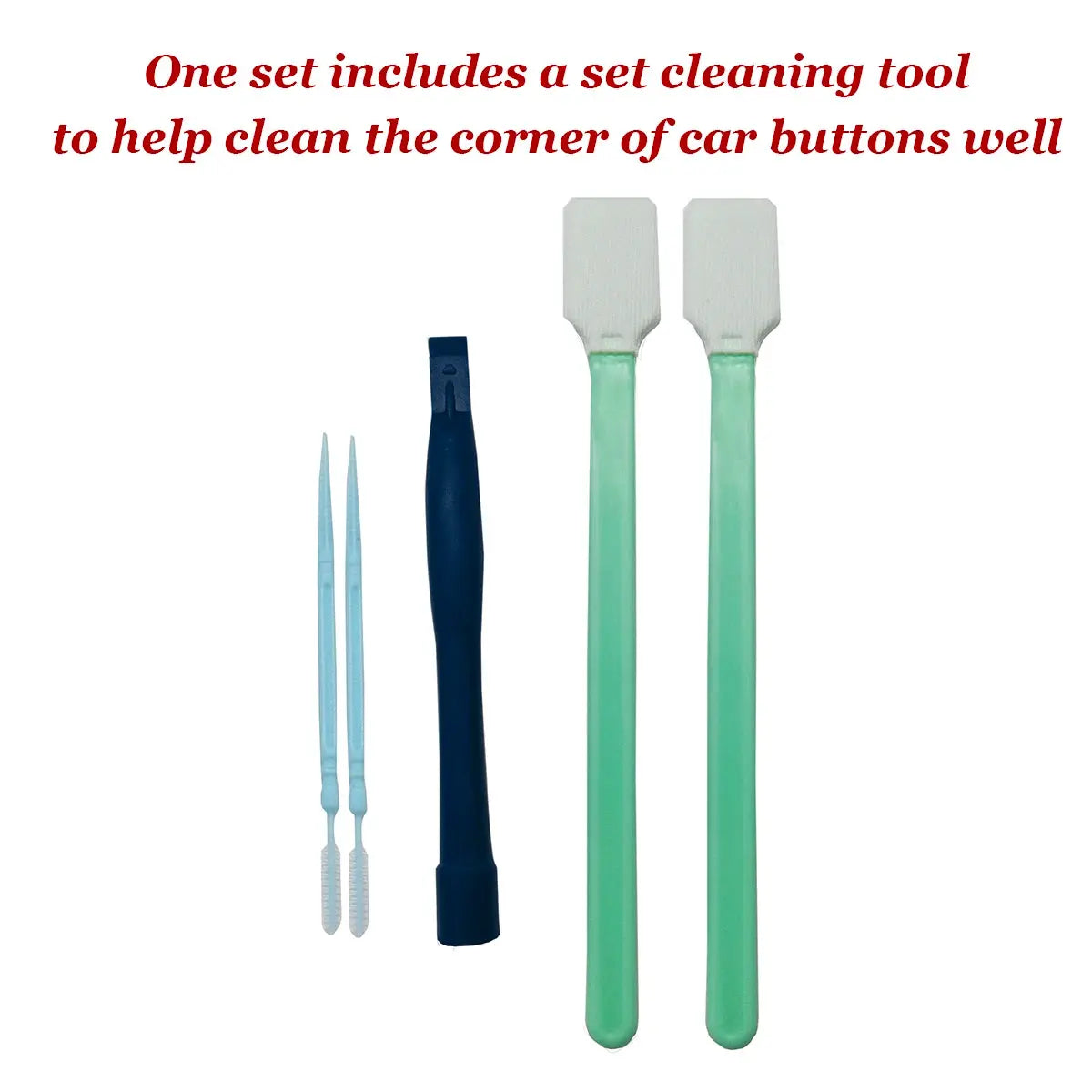 Simples Market car button cleaning kit with green-handled spatulas, dark blue scraper, and light blue picks (set of 5)