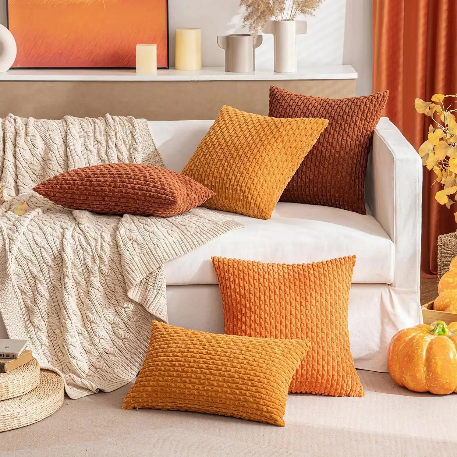 Fall decorative throw pillow covers in rust, amber and mustard corduroy by Simples Market for sofa