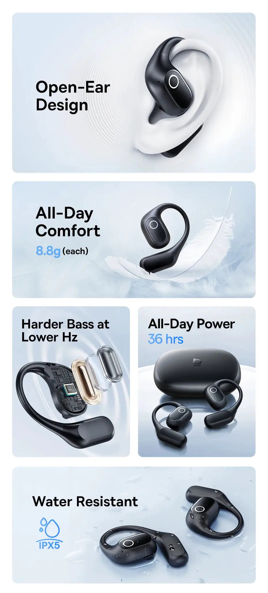 Baseus Eli 2i Fit Open-Ear wireless earbuds, black, IPX5 waterproof