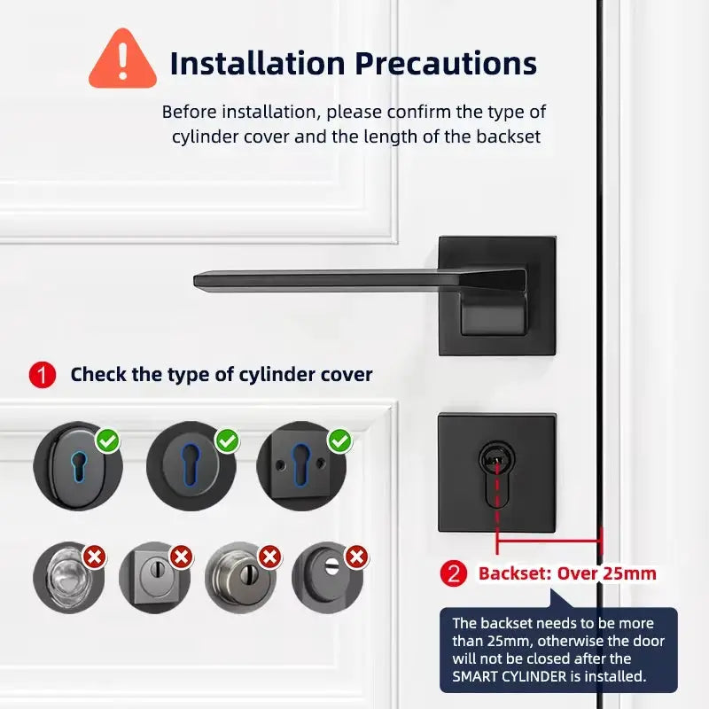 Smart door lock installation precautions showing cylinder cover options and backset on a white door