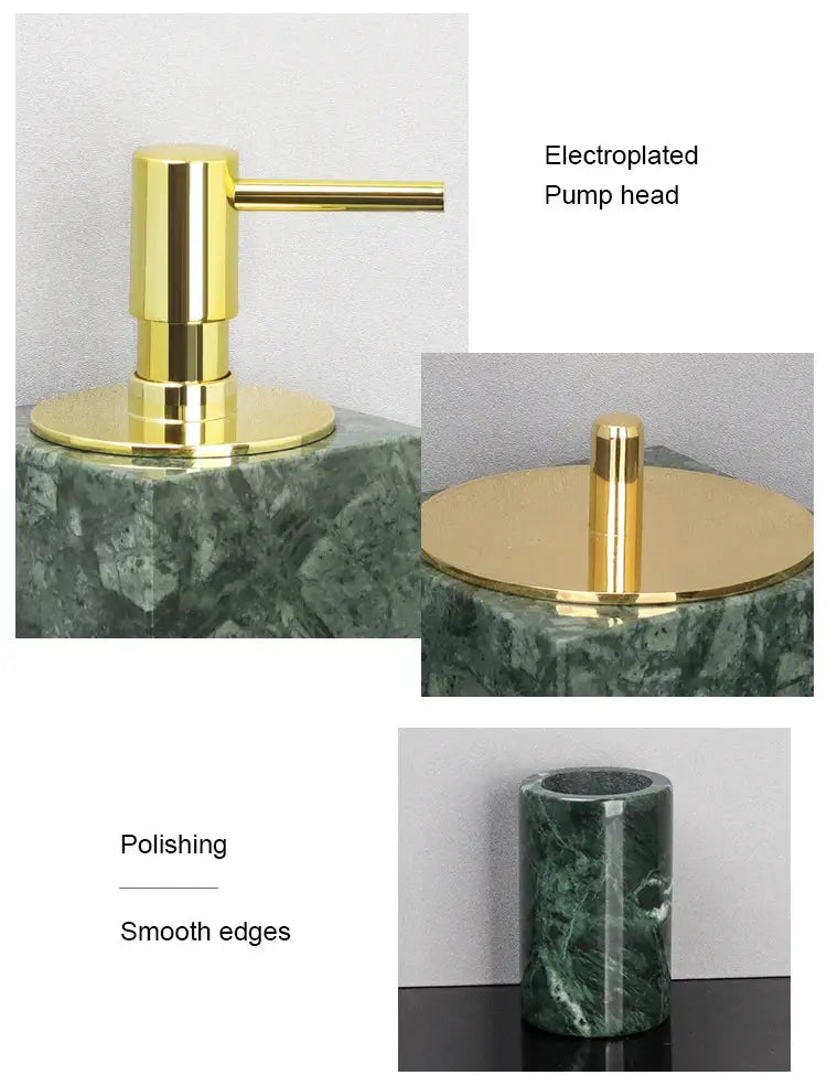 Green Indian natural marble bathroom accessories set with gold electroplated pump dispenser and toothbrush holder