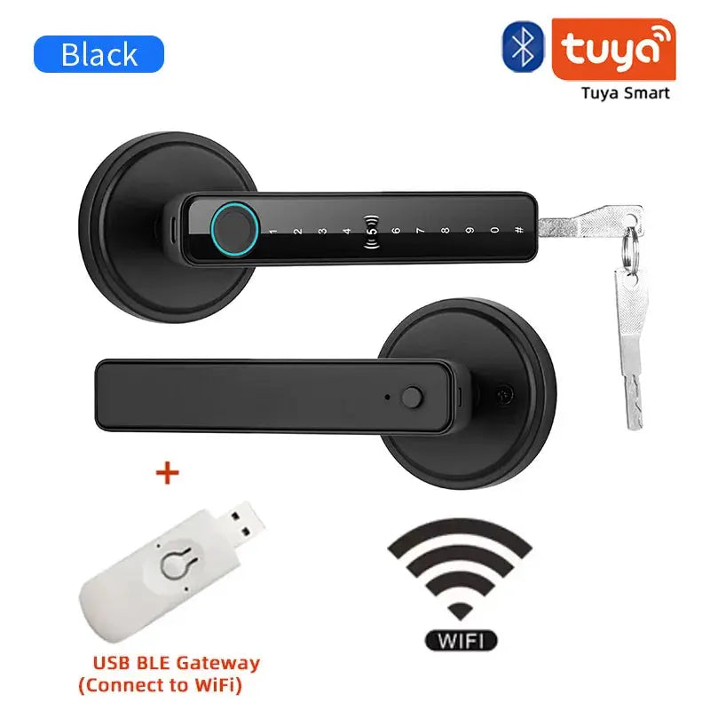 Tuya smart door lock handle with keypad and fingerprint, black finish, USB BLE gateway for WiFi