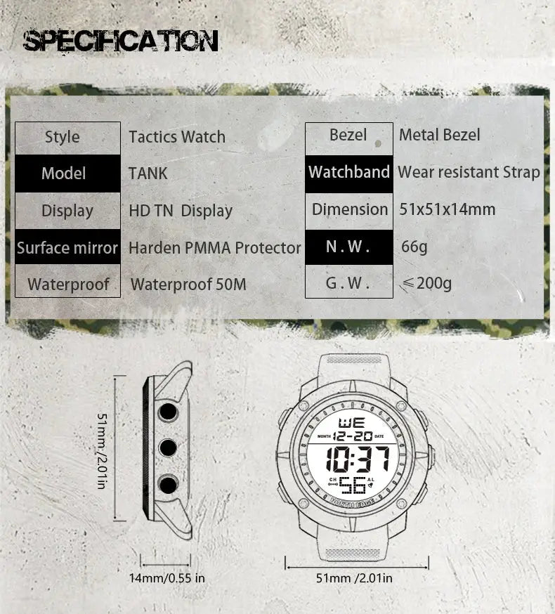 North Edge digital men's watch Tank model, 50M waterproof with world time, alarm and stopwatch