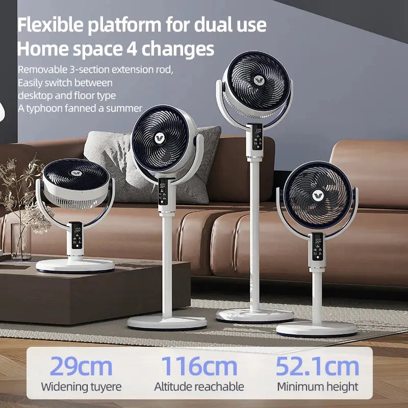 Floor fan set of four adjustable-height white units with remote controls and circular black grills.
