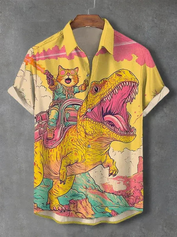 Men's cat-graphic Hawaiian shirt, yellow with pink/blue accents, short sleeves, oversized button-down