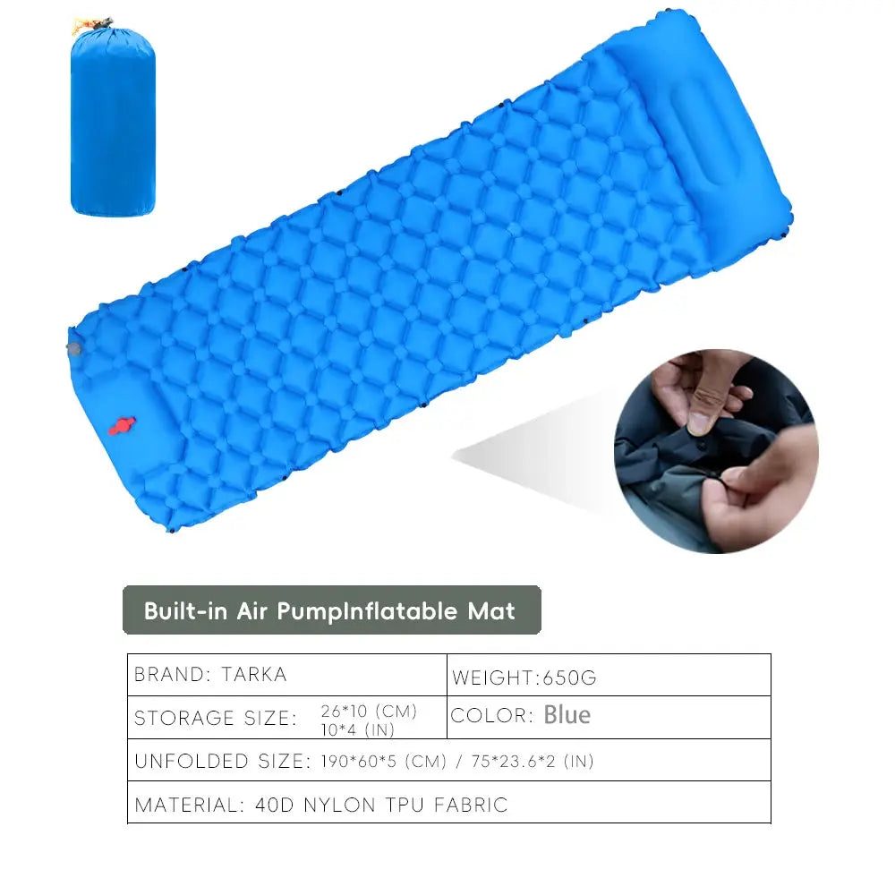 TARKA inflatable camping mat blue with built-in air pump and pillow