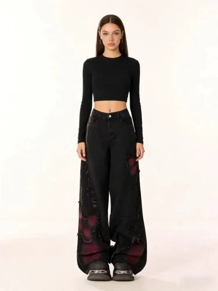 Womens Baggy Butterfly Jeans Vintage 90s Harajuku Denim Trousers
