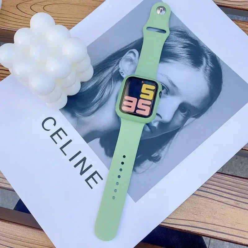 Apple Watch tempered glass screen protector and protective case with lime-green silicone band