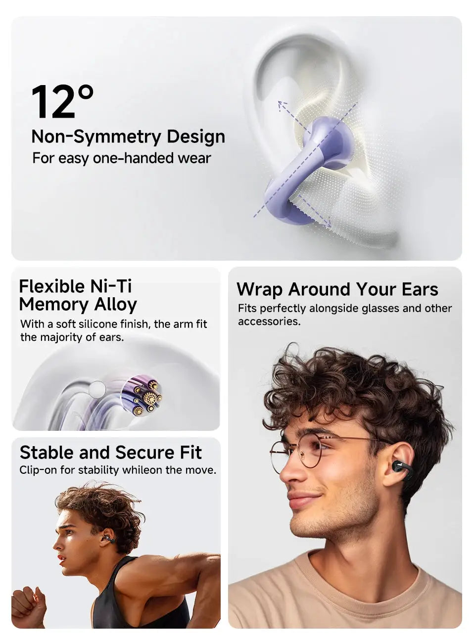 QCY Crossky C30 ear clip earphones, purple open-ear wireless Bluetooth 5.4 earbuds by Simples Market.