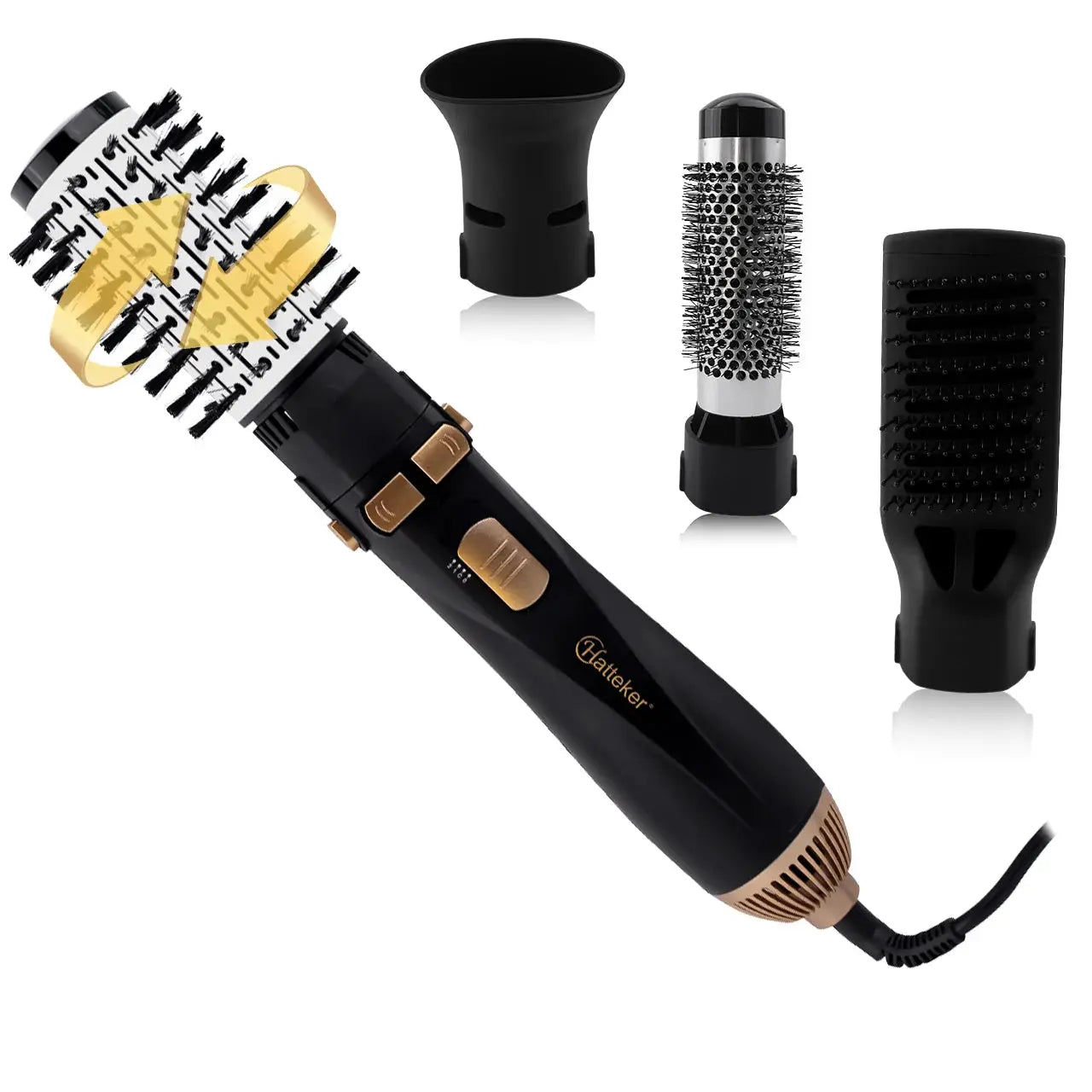 Hatteker 4-head hot air brush styling tool in black with rose-gold accents and 4 attachments