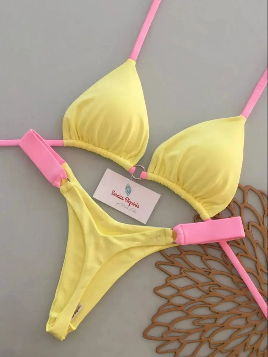 Micro bikini set: yellow with pink straps, triangle halter top and thong bottom
