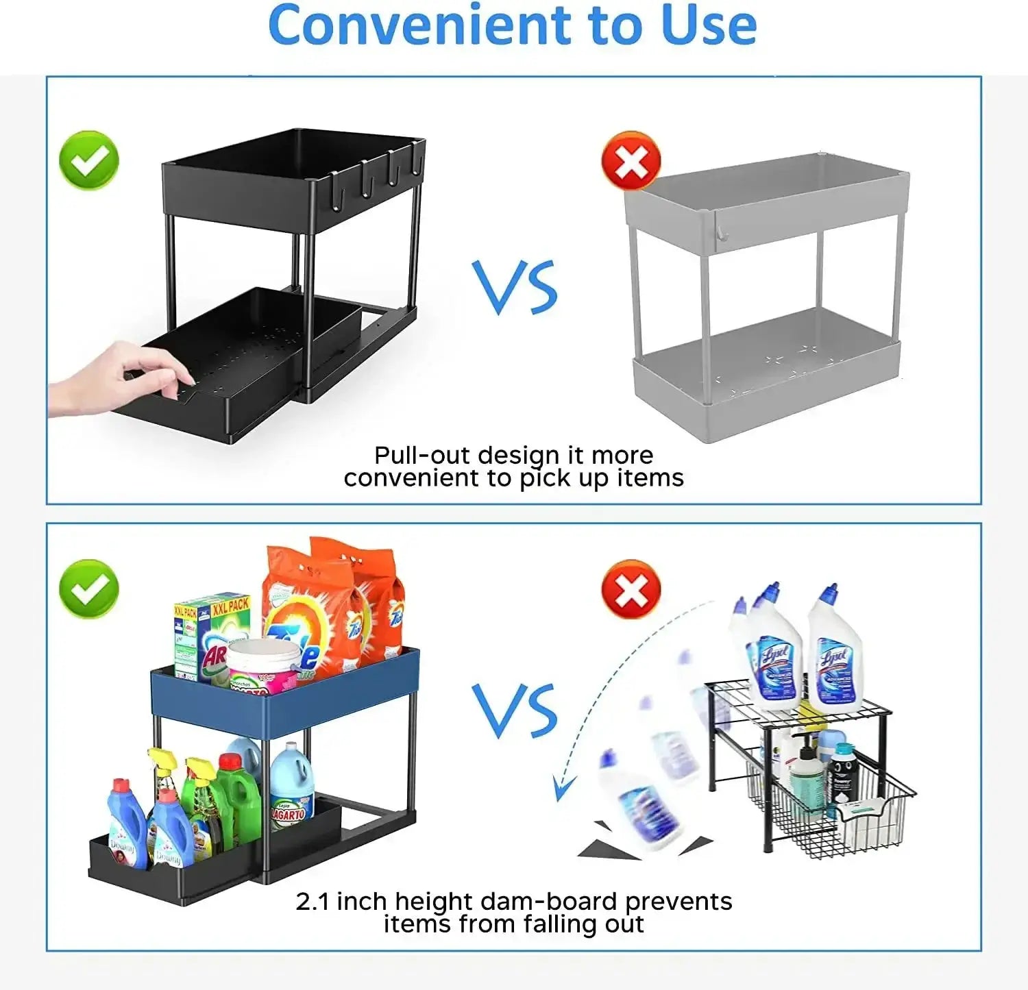 Simples Market Multifunctional 2-Tier Under-Sink Sliding Cabinet Organizer; black and gray racks with hooks