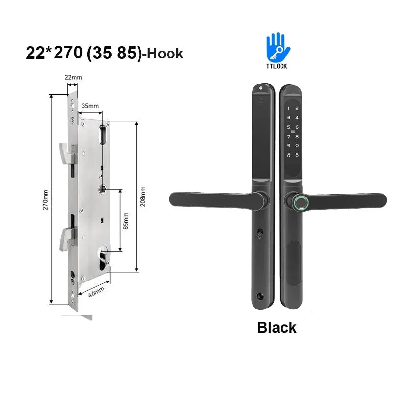 Slim 2.8cm waterproof sliding door smart lock, black with fingerprint and keypad entry; Simples Market, TTLock logo