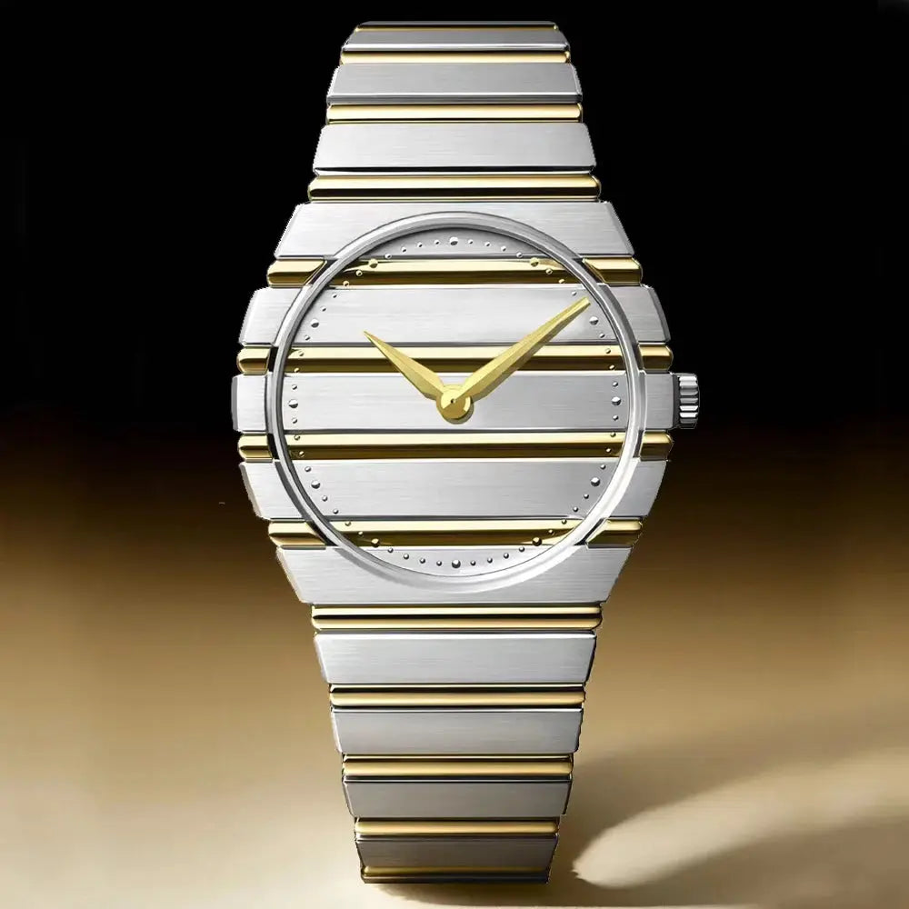 Men's two-tone stainless steel quartz watch with gold hands and linked bracelet