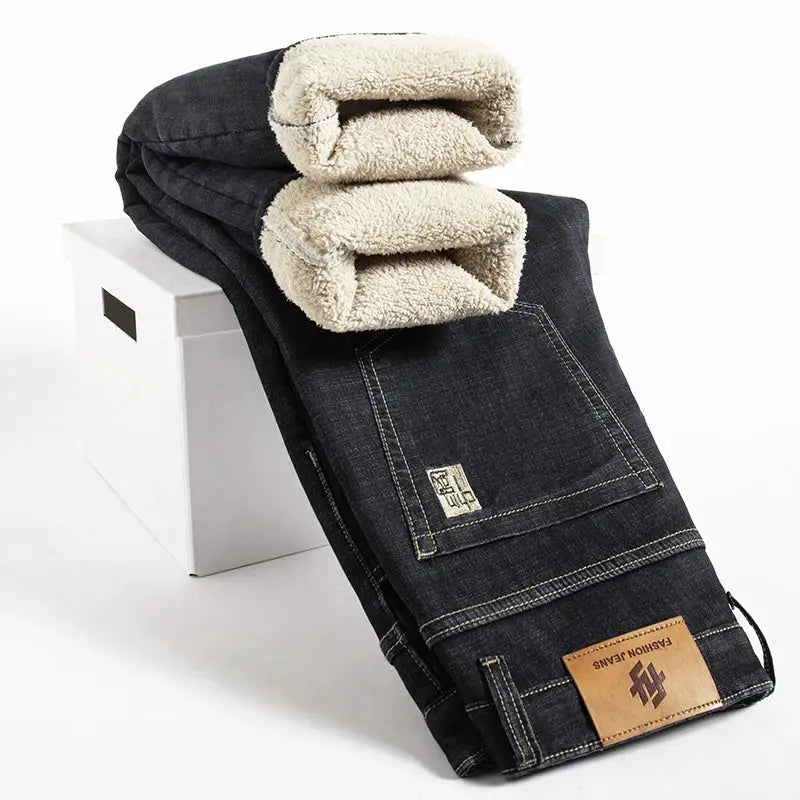 Men's Fleece Lined Denim Jeans Winter Warm Straight Fit High Waist Stretch Vaqueros Size 40