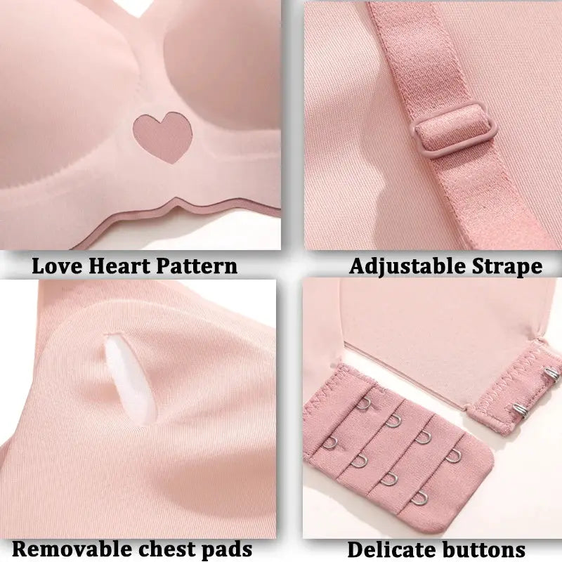 Pink heart-pattern push-up bra with adjustable straps and removable padding