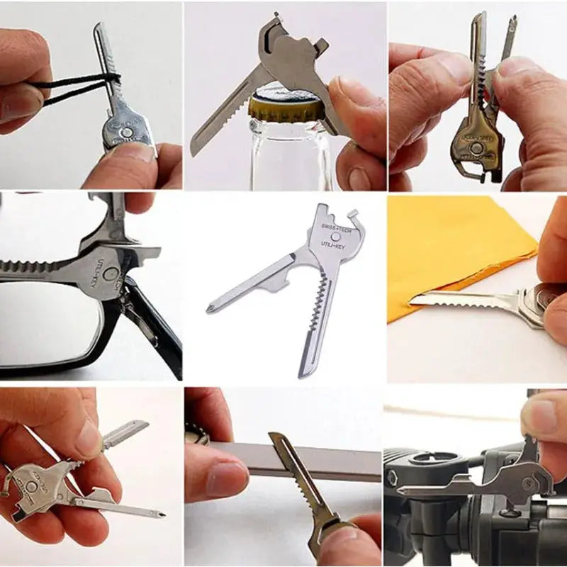 Multi-function folding tool keychain by Simples Market, silver metal.