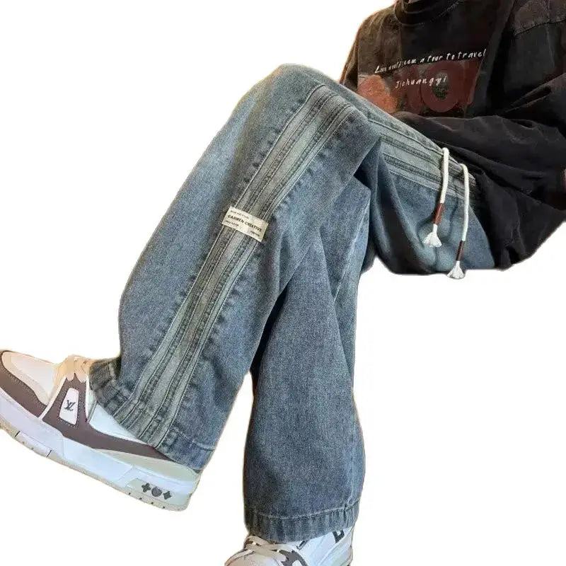 Three-bar American retro jeans, men's blue denim with elastic waist, loose straight-leg, Simples Market