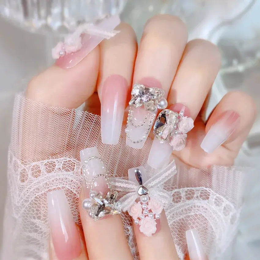 LuxeNail Blush Pink False Nails Bowknot Diamond Pearl Design Press On Nail Tips Harmless Smooth Edge Safe DIY Mani