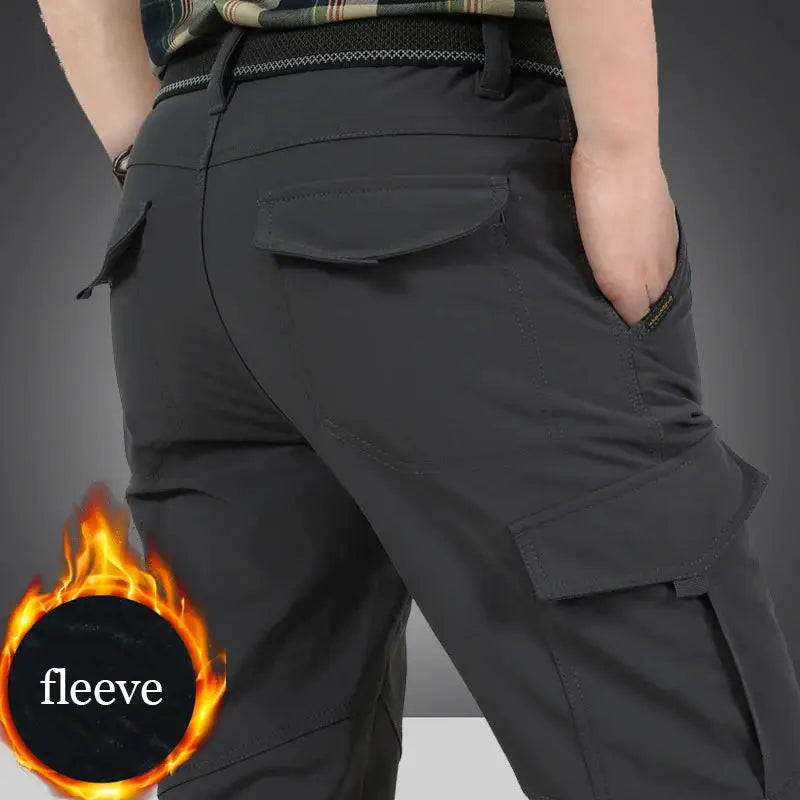 Men's tactical cargo pants, dark gray waterproof fleece-lined workwear with multiple pockets