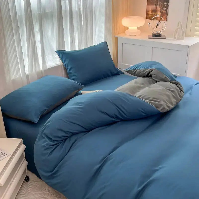 Blue 2-side solid color brush fabric duvet cover bedding set with two pillowcases