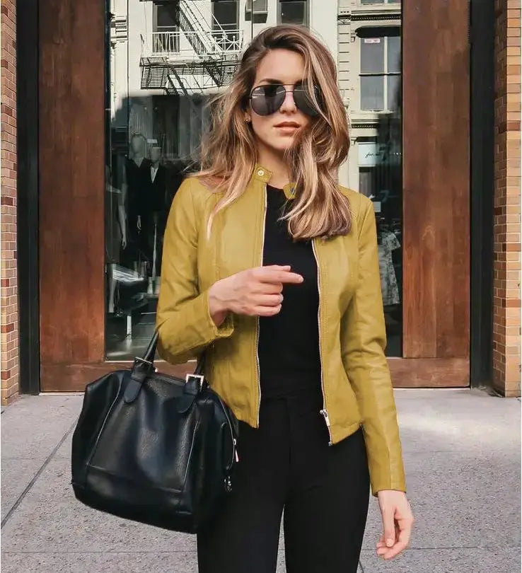 UrbanEdge Women PU Leather Bike Coat With Stand Collar And Zipper Closure For Autumn Winter Warm Lightweight Outerwear