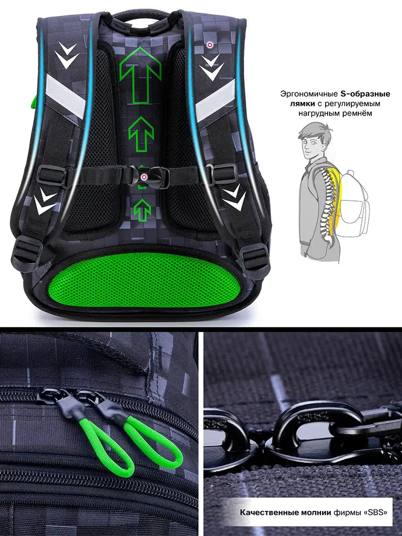 Kids school backpack for boys, waterproof black bag with neon green back panel and SBS zippers