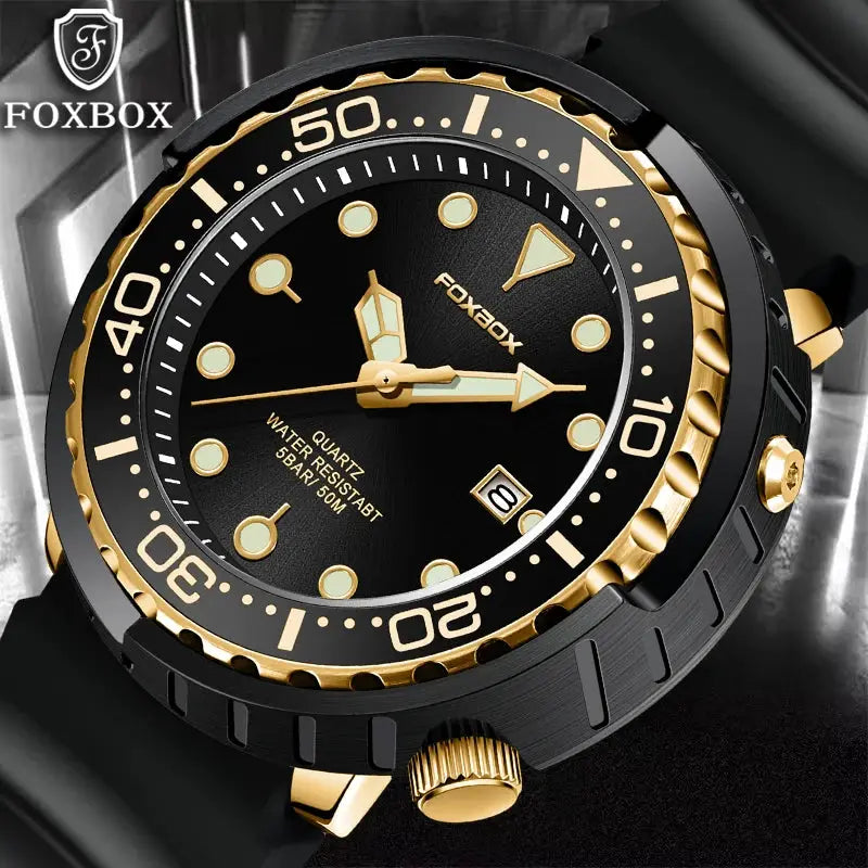 Foxbox diver watch for men, black dial with gold bezel and crown, 50m water resistant