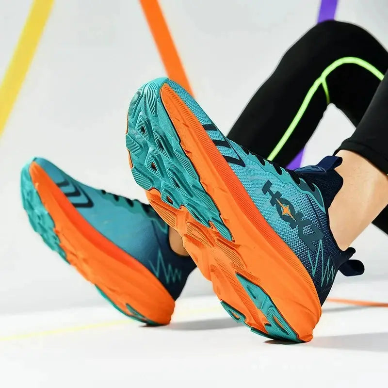Simples Market men's running shoes with teal breathable mesh and orange outsole