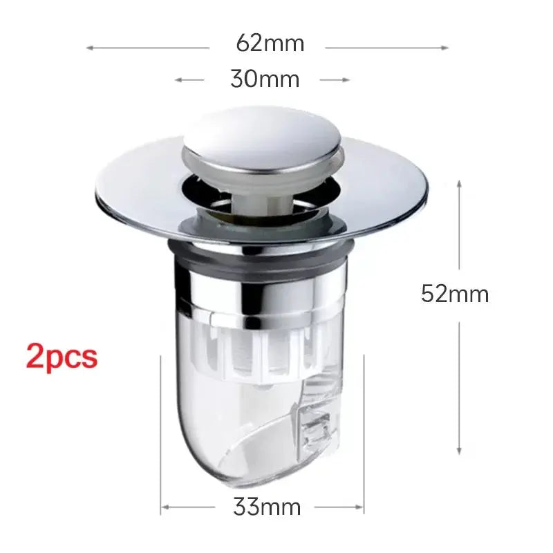 Universal basin pop-up drain filter hair sink strainer, chrome top with clear plastic reservoir, 2pcs