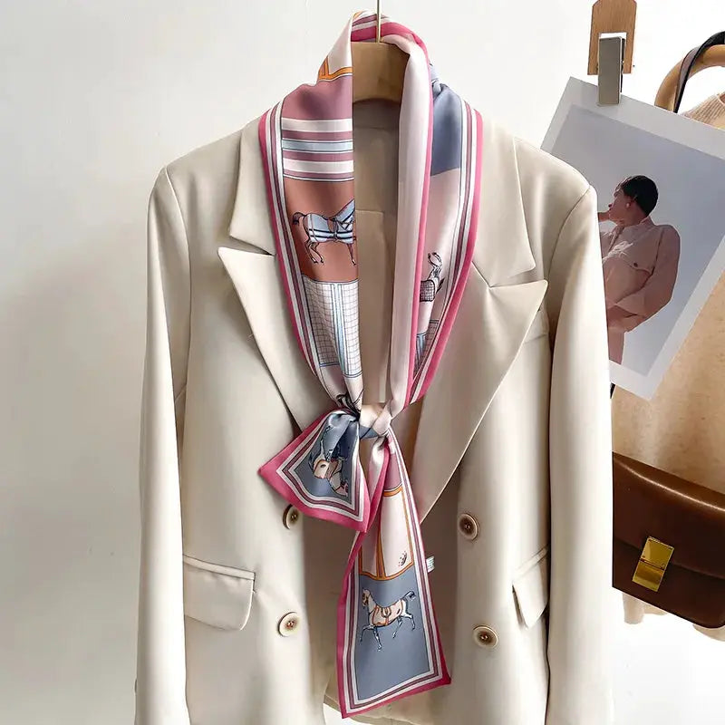 LuxeSilk Silk Feel Printed Design Scarf Versatile Long Narrow Silk Shawl For Fashionable Styles